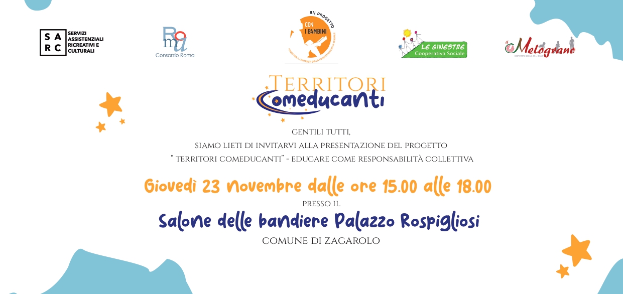 Siamo lieti di invitarLa alla presentazione del progetto “TERRITORI COMEDUCANTI” – Educare come Responsabilità Collettiva, che si terrà giovedì 23 Novembre 2023